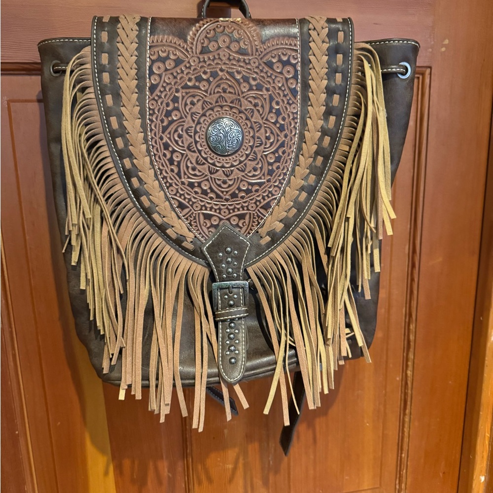 Trinity ranch Bohemian Tan and Brown Fringe Backpack genuine leather